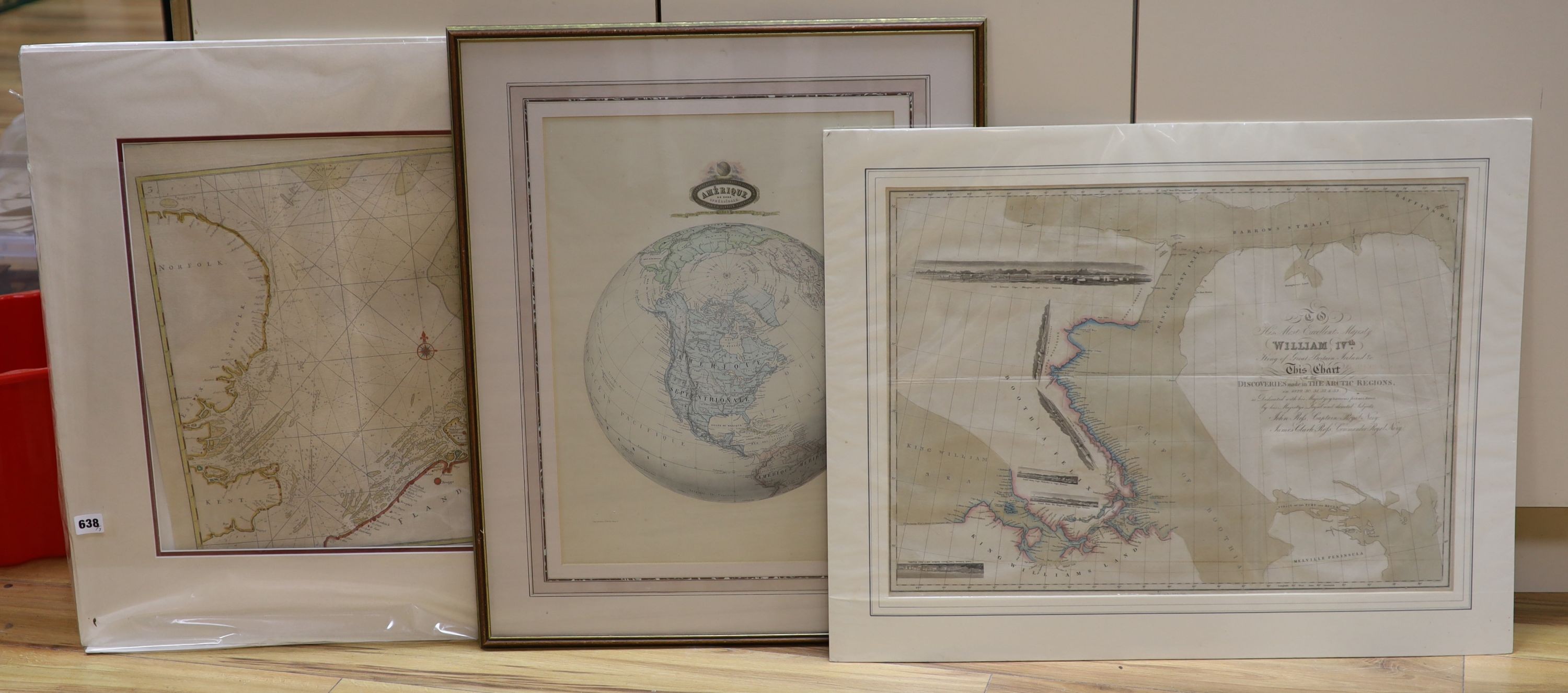 F. A. Garnier, coloured steel engraving, map of 'Amerique du Nord Spheroidale', 1860, 50 x 37cm, with two unframed maps of Discoveries made in the Arctic regions 1829-33, by Capt. John Ross and a Grenville Collins map of